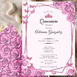Elegant 15th birthday pink roses Quinceanera Kaart