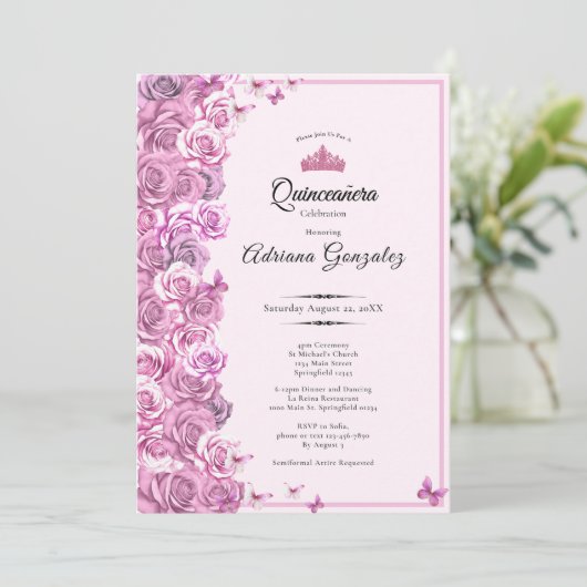 Elegant 15th birthday roses Pink Quinceanera Kaart (Staand voorkant)