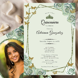 Elegant 15th birthday sage green gold Quinceanera Kaart