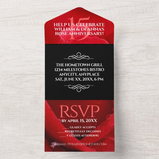 Elegant 15th Roos Wedding Jubileum Celebration All In One Uitnodiging (Binnen)