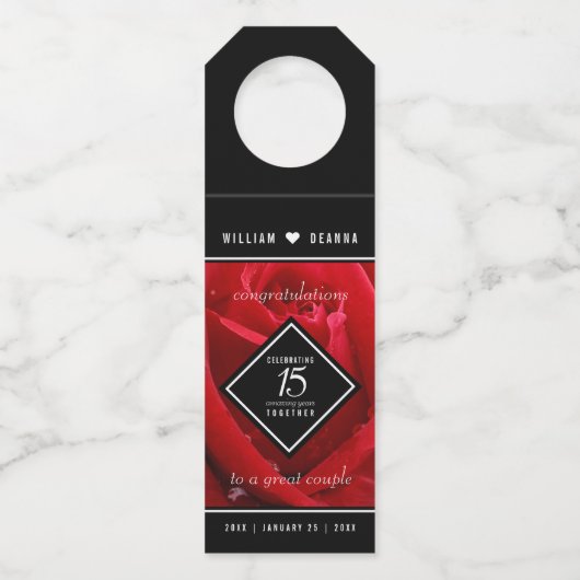 Elegant 15th Roos Wedding Jubileum Celebration Flessenhanger (Achterkant)