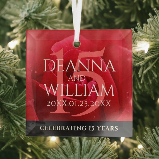 Elegant 15th Roos Wedding Jubileum Celebration Glas Ornament (Insitu)