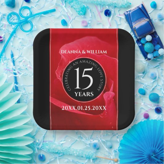 Elegant 15th Roos Wedding Jubileum Celebration Papieren Bordje (Feest)