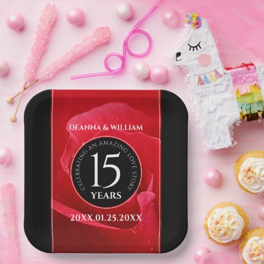Elegant 15th Roos Wedding Jubileum Celebration Papieren Bordje (Feest)