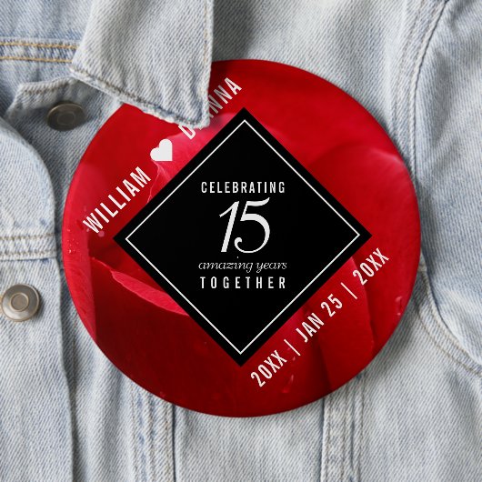 Elegant 15th Roos Wedding Jubileum Celebration Ronde Button 6,0 Cm (In situ)