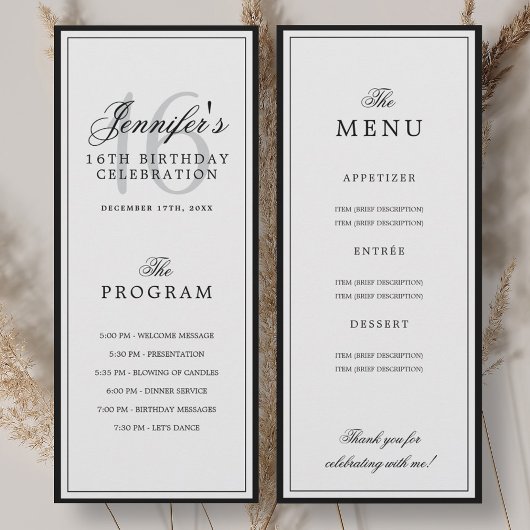 Elegant 16e verjaardagsfeestprogramma + Menu  Kaart