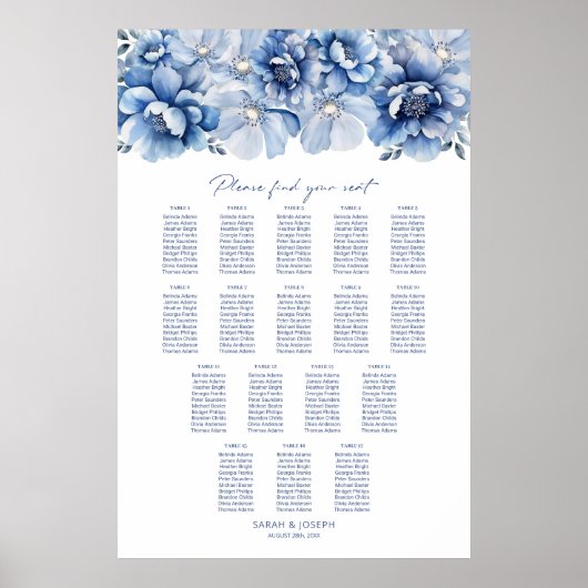 Elegant 17 Tafel Blauw Bloemen Trouwstoel Grafiek Poster (Voorkant)