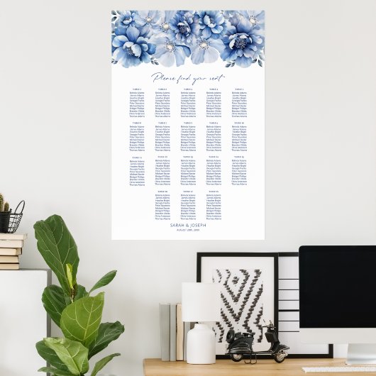 Elegant 18 Tafel Blauw Bloemen Trouwstoel Grafiek Poster (Thuiskantoor)