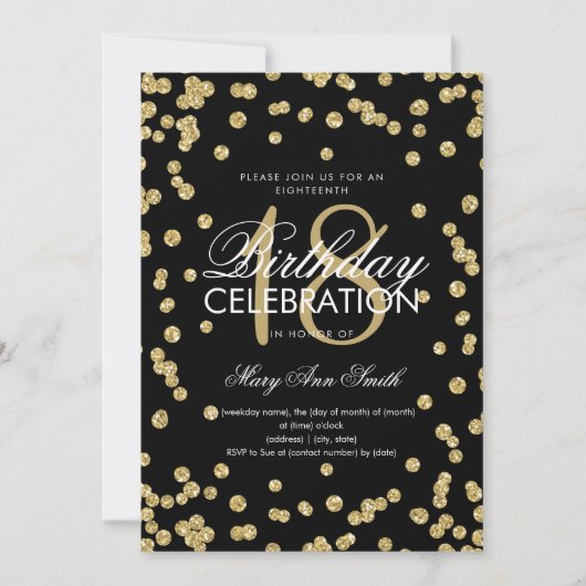 Elegant 18e verjaardag Gold Glitter Confetti Black Kaart (Voorkant)