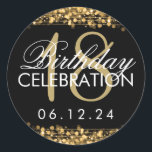 Elegant 18th Birthday Party Sparkles Gold Ronde Sticker<br><div class="desc">Elegant 18e verjaardagsfeestje Sparkles Gold sjabloon. Met lampen en glinsteringen.</div>