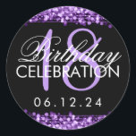 Elegant 18th Birthday Party Sparkles Paars Ronde Sticker<br><div class="desc">Elegant 18e verjaardagsfeestje schittert Paarse sjabloon. Met lampen en glinsteringen.</div>