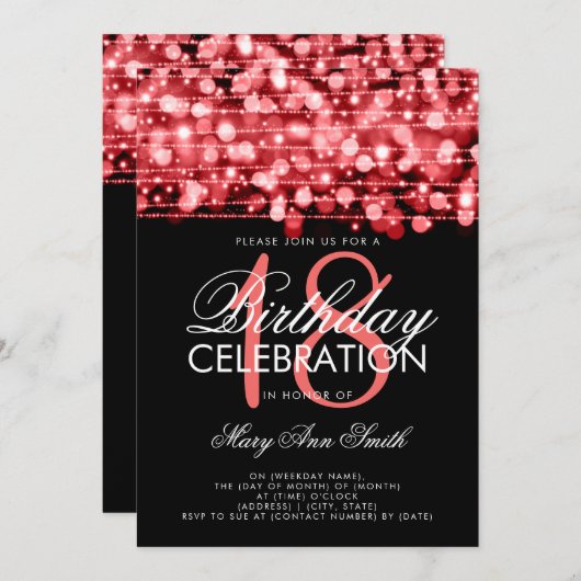 Elegant 18th Birthday Party Sparkles Red Kaart (Voorkant / Achterkant)