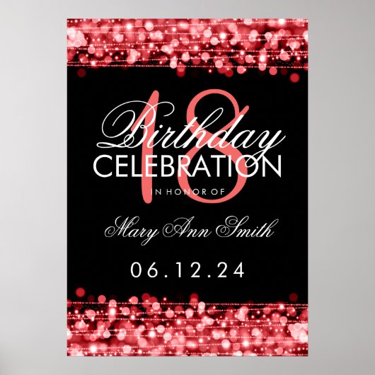 Elegant 18th Birthday Party Sparkles Red Poster (Voorkant)