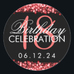 Elegant 18th Birthday Party Sparkles Red Ronde Sticker<br><div class="desc">Elegant 18e verjaardagsfeestje Sparkles Rode sjabloon. Met lampen en glinsteringen.</div>