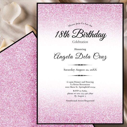 Elegant 18th Birthday Pink Glitter Debut Kaart