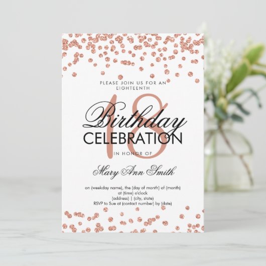 Elegant 18th Birthday Roos Gold Glitter Confetti Kaart (Staand voorkant)