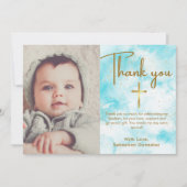 Elegant 1 foto Blauw Waterverf Goud Kruis Doop Bedankkaart (Voorkant)