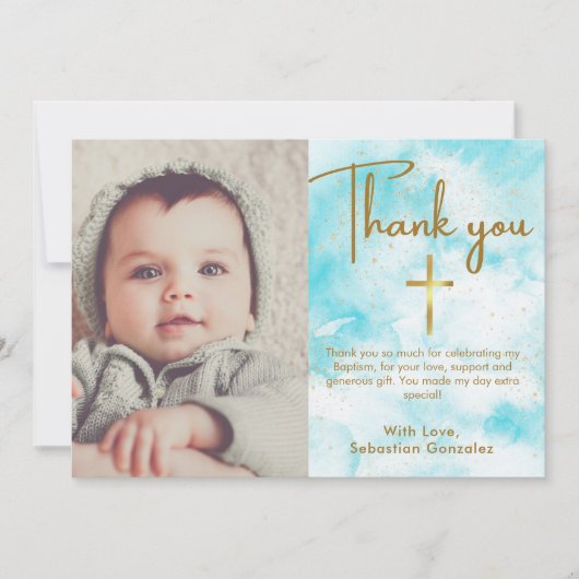 Elegant 1 foto Blauw Waterverf Goud Kruis Doop Bedankkaart (Voorkant)