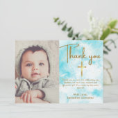 Elegant 1 foto Blauw Waterverf Goud Kruis Doop Bedankkaart (Staand voorkant)