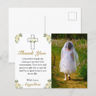 Elegant 1e Heilige Communie Floral Cross Dank je w Uitnodiging Briefkaart