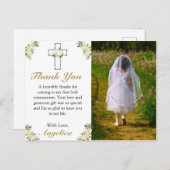 Elegant 1e Heilige Communie Floral Cross Dank je w Uitnodiging Briefkaart (Voorkant / Achterkant)