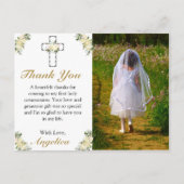 Elegant 1e Heilige Communie Floral Cross Dank je w Uitnodiging Briefkaart (Voorkant)