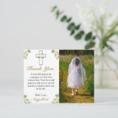 Elegant 1e Heilige Communie Floral Cross Dank je w Uitnodiging Briefkaart (Staand voorkant)