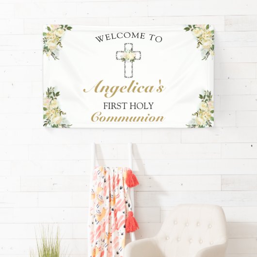 Elegant 1e Heilige Communie Floral Welkom Spandoek (Insitu)