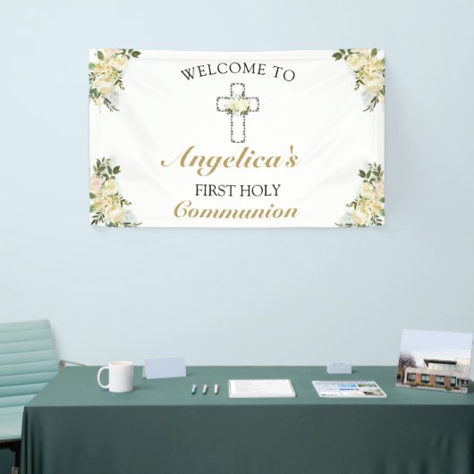 Elegant 1e Heilige Communie Floral Welkom Spandoek (Beurs)