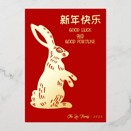 Elegant 2023 Chinees Nieuwjaar van de Haas Foto Folie Feestdagenkaart (Voorkant)