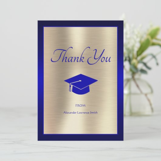 Elegant 2024 Afstuderen dank u Script Blue Gold Bedankkaart (Staand voorkant)
