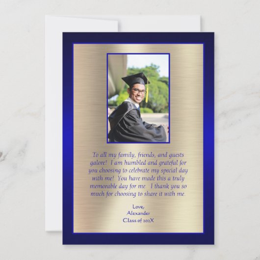 Elegant 2024 Afstuderen dank u Script Blue Gold Bedankkaart (Achterkant)