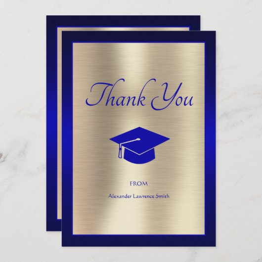 Elegant 2024 Afstuderen dank u Script Blue Gold Bedankkaart (Voorkant / Achterkant)