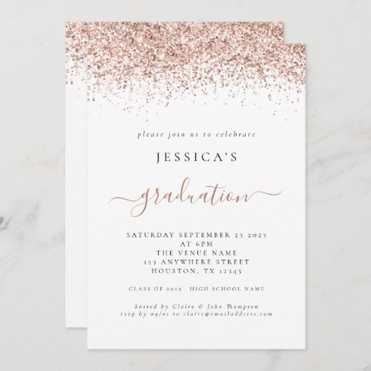 Elegant 2024 Afstuderen Roos Gouden Glitter Kaart (Voorkant / Achterkant)