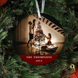 Elegant 2024 Family Photo Minimalist Donkerrood Keramisch Ornament