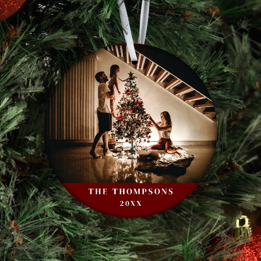 Elegant 2024 Family Photo Minimalist Donkerrood Keramisch Ornament