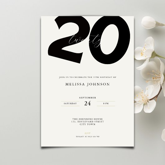 Elegant 20th Birthday Invitation - Minimal Style Kaart