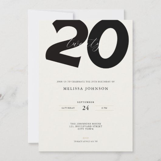 Elegant 20th Birthday Invitation - Minimal Style Kaart (Voorkant)