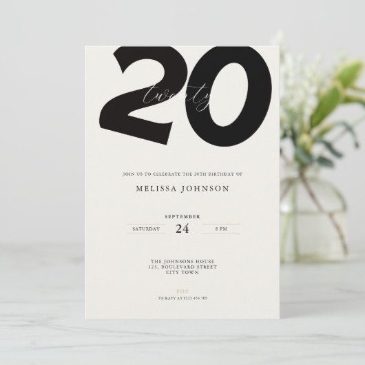 Elegant 20th Birthday Invitation - Minimal Style Kaart (Staand voorkant)