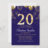 Elegant 20th Birthday Invitation with Gold Ballons Kaart (Voorkant)