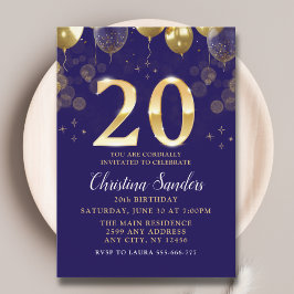 Elegant 20th Birthday Invitation with Gold Ballons Kaart