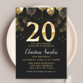 Elegant 20th Birthday Invitation with Gold Ballons Kaart