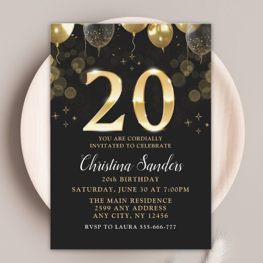 Elegant 20th Birthday Invitation with Gold Ballons Kaart