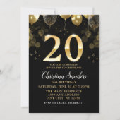 Elegant 20th Birthday Invitation with Gold Ballons Kaart (Voorkant)