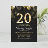 Elegant 20th Birthday Invitation with Gold Ballons Kaart (Staand voorkant)