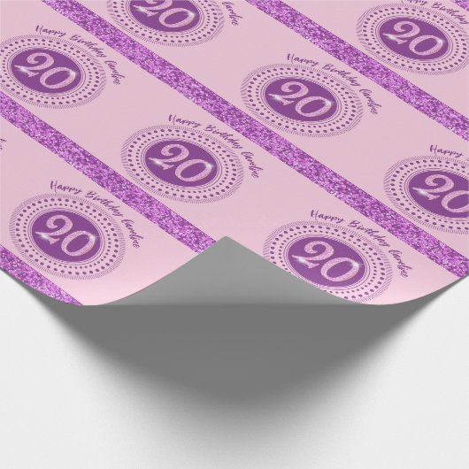 Elegant 20th Birthday Pink Glitter with Stripes Cadeaupapier (Hoek)