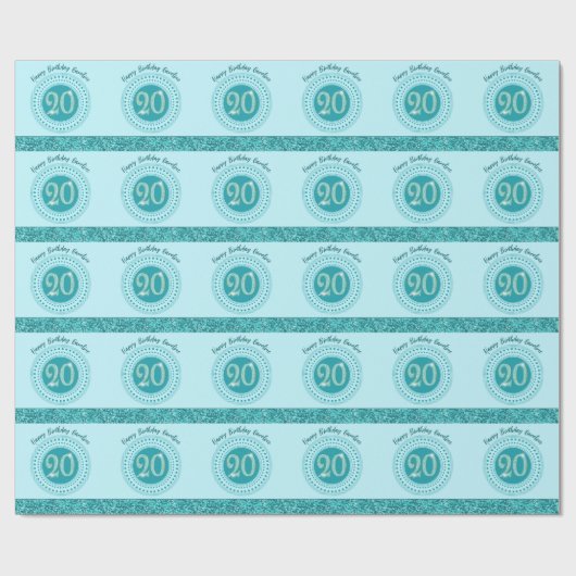 Elegant 20th Birthday Teal Blue Glitter & Stripes Cadeaupapier (Vlak)