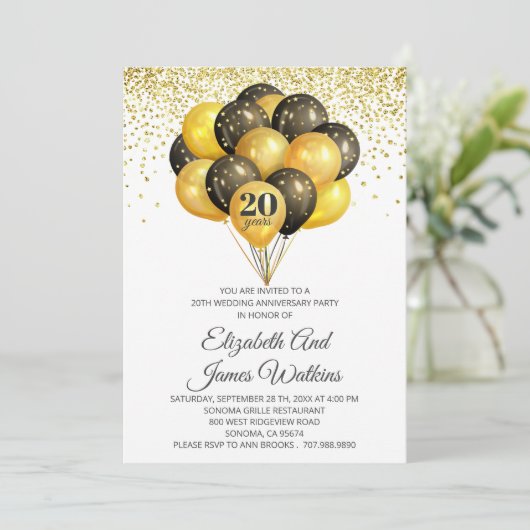 Elegant 20th Wedding Jubileum Gold en Black I Kaart (Staand voorkant)