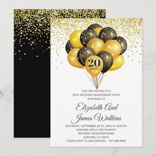 Elegant 20th Wedding Jubileum Gold en Black I Kaart (Voorkant / Achterkant)