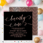 Elegant 21 Roos gouden script 21e verjaardag Kaart<br><div class="desc">Chique Elegant Zwart en Roos Goud Twenty One Script 21st Birthday Invitation. Deze moderne verjaardagsfeestuitnodiging sjabloon voor vrouw heeft stijlvolle "eenentwintig" tekst in enorme faux roos gouden folie Chique swirly handgeschreven kalligrafie (of typografie) script met swash staart lettertype, feestdetails in blush roos gouden kleur op zwarte achtergrond. Aan de achterkant...</div>